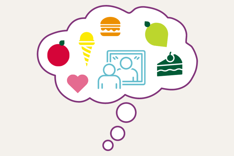 bulimie-frei-essattacken-essanfall-kotzen-loswerden-duebendorf-zuerich-irene-held-blog Lebensmittel und Spiegelbild in einer Gedankenbubble: Visualisiert die Behandlung von Essstörungen wie Bulimie und Binge Eating, Essattacken und emotionalem Essen mit Ernährungspsychologie und Hypnose in Dübendorf, Zürich